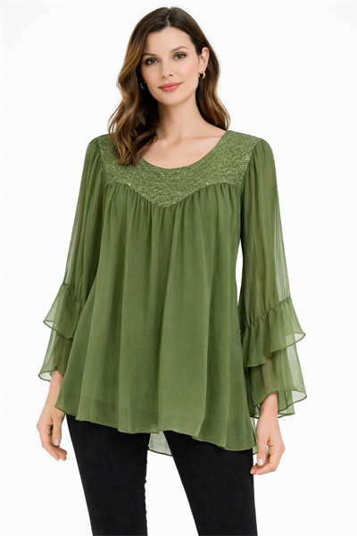 İtalyan Yakası Pullu İpek Bluz 250110517 - 6092