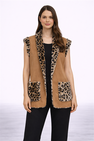 Leopar Desen Kürklü Kısa Yelek