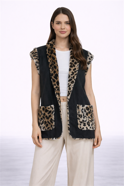 Leopar Desen Kürklü Kısa Yelek