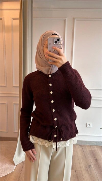 Bordo İnci Düğmeli Bağlamalı Hırka 