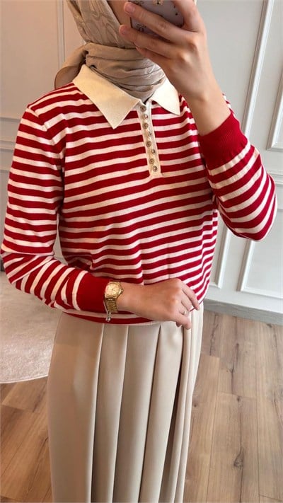 Kırmızı Lurex Çizgili Triko