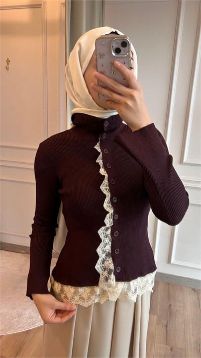 Mürdüm Dantel Detaylı Triko