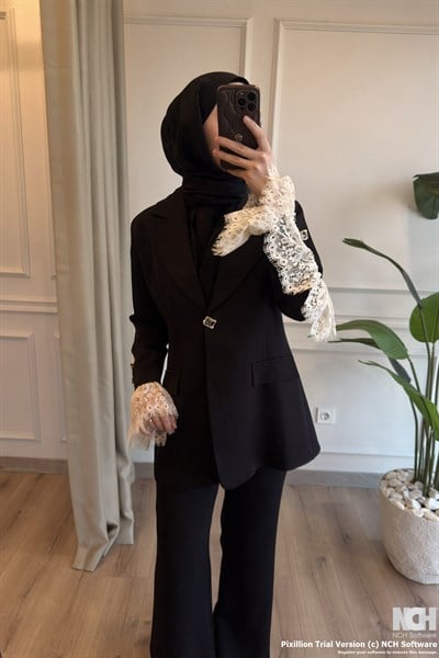 Siyah Dantel Kol Ceket Takım