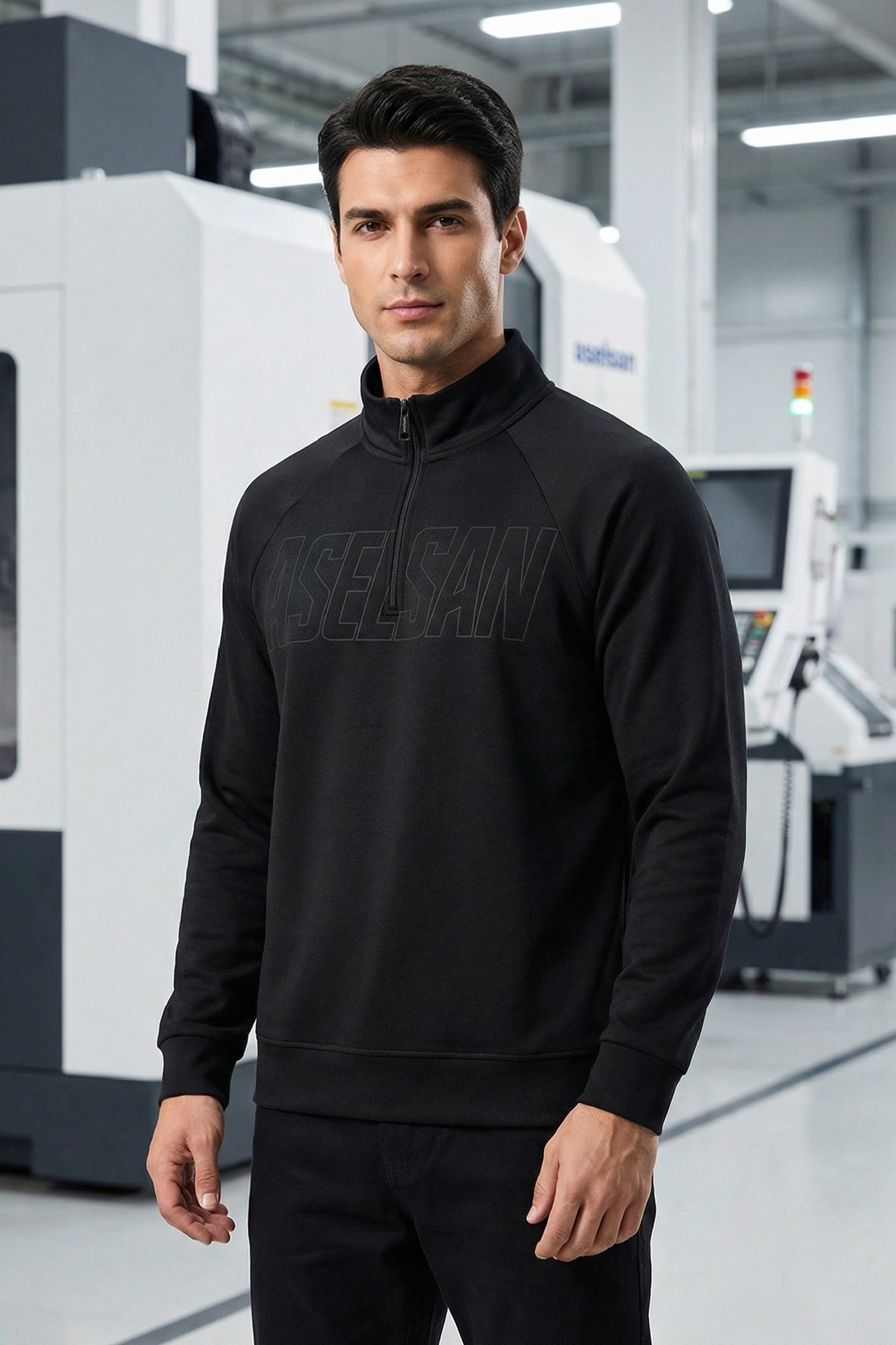ASELSAN YAZILI YARIM FERMUARLI SİYAH SWEATSHIRT