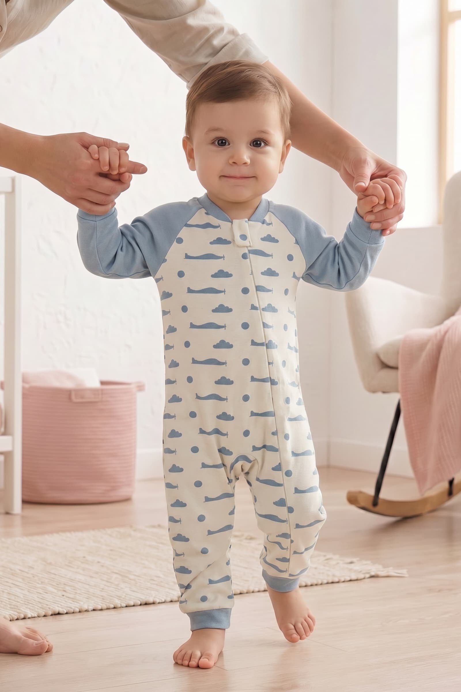 TUSAŞ HÜRKUŞ İLK UÇUŞ ORGANİK PAMUKLU MAVİ PATİKSİZ BEBEK TULUMU