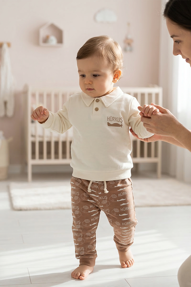 TUSAŞ HÜRKUŞ RİTMİK ORGANİK PAMUKLU POLO YAKA KAHVERENGİ 2'Lİ BEBEK TAKIMI