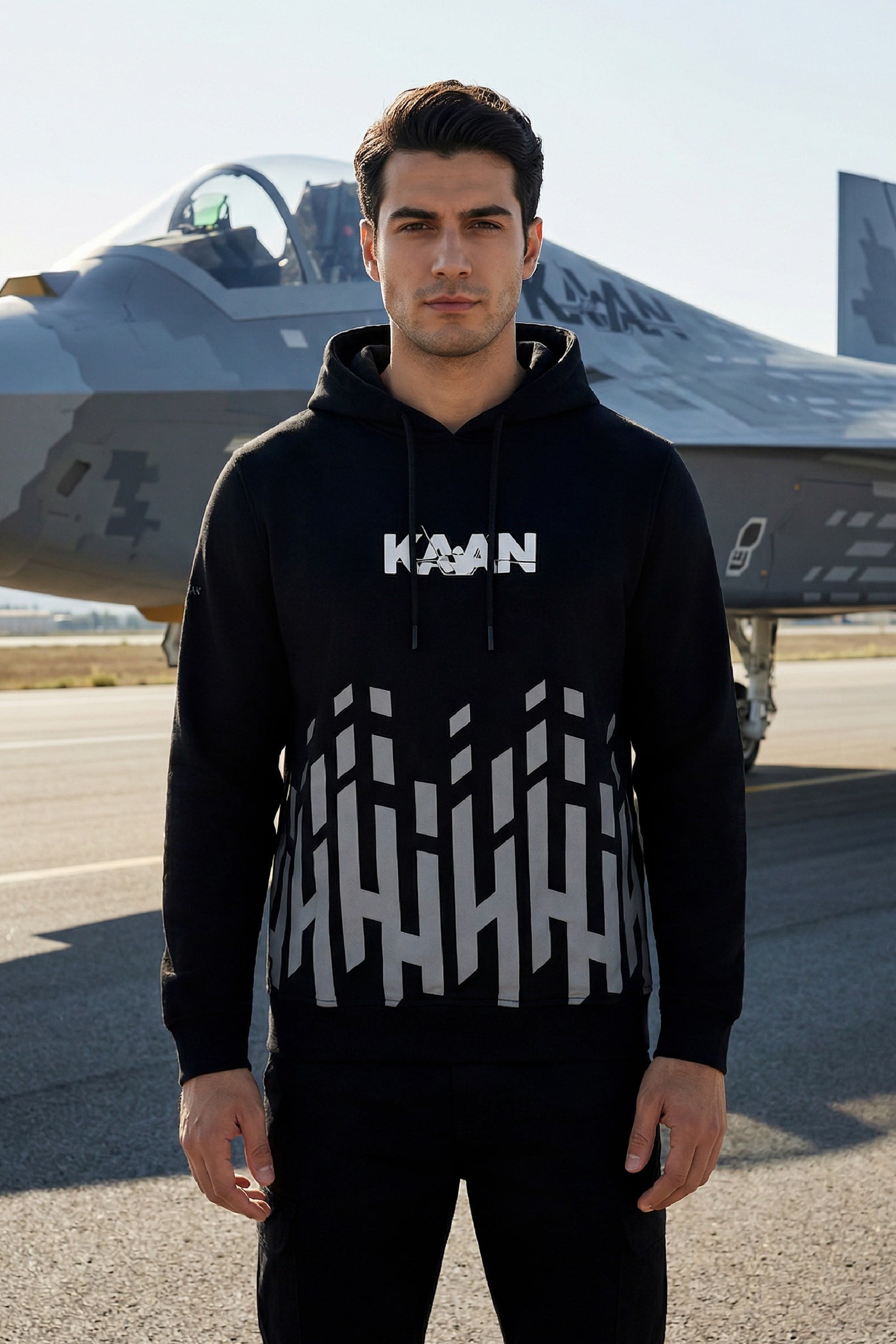 TUSAŞ KAAN DESENLİ SİYAH KAPÜŞONLU SWEARSHIRT YETİŞKİN