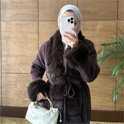Kürk Detaylı Angora Triko Kahverengi Hırka – Belden Bağcıklı, Yumuşak Dokulu