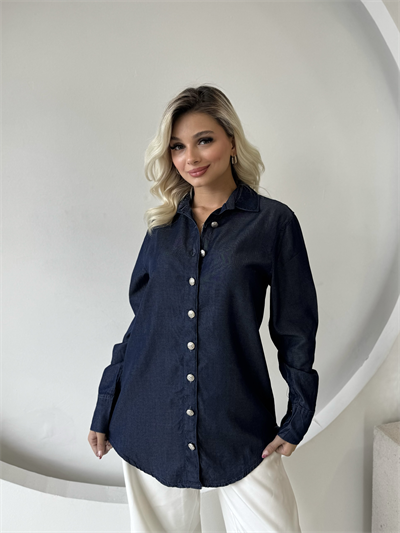 Retro Düğme Detay Geniş Manşetli Yumuşak Dokulu Denim Gömlek