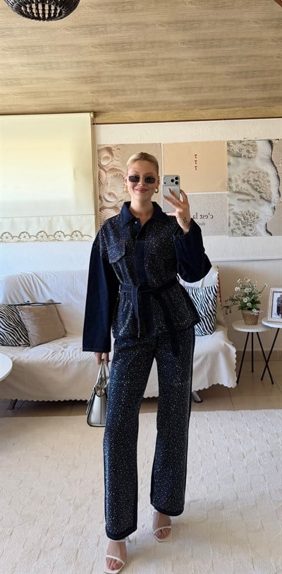 Taş Detaylı Denim Takım Kadın Kot Ceket Pantolon 2'li Set Belden Bağlamalı Şık Kombin