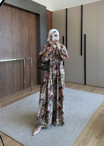 Yarım Pat Düğmeli Çicek Desenli Oversize Kalıp Yazlık Elbise