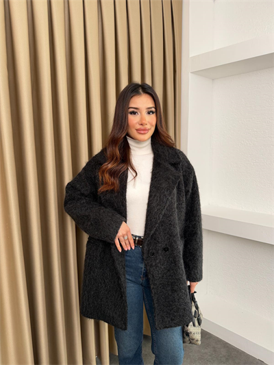 Ara Boy Düğmeli Saçaklı Kaşe Kaban Siyah