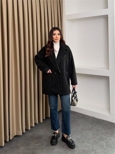 Ara Boy Düğmeli Saçaklı Kaşe Kaban Siyah