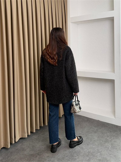 Ara Boy Düğmeli Saçaklı Kaşe Kaban Siyah