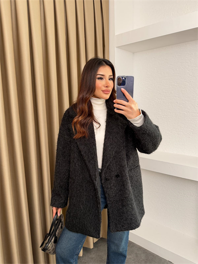 Ara Boy Düğmeli Saçaklı Kaşe Kaban Siyah