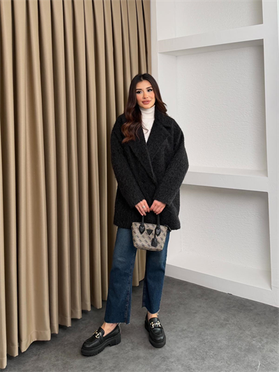 Ara Boy Düğmeli Saçaklı Kaşe Kaban Siyah