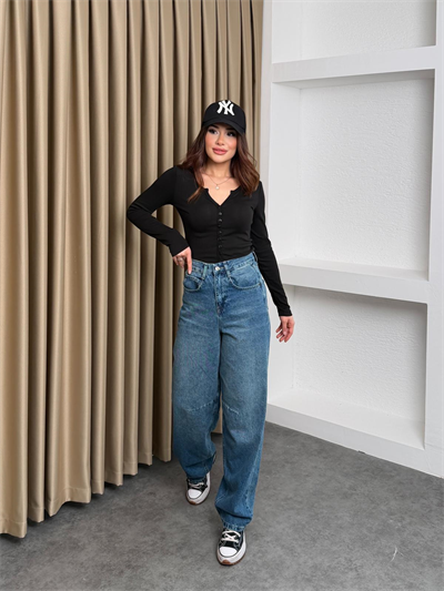 Arkası Tokalı Dizi Pensli Baggy Jean