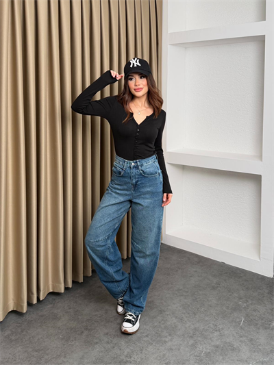 Arkası Tokalı Dizi Pensli Baggy Jean