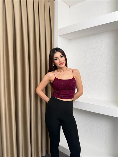 Askılı Taş İşlemeli Bluz Bordo