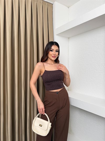 Askılı Taş İşlemeli Bluz Kahve