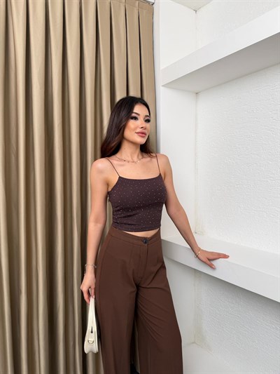 Askılı Taş İşlemeli Bluz Kahve