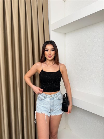 Askılı Taş İşlemeli Bluz Siyah