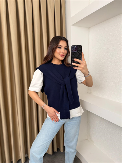 Atkı Görünümlü Triko Süveter Lacivert