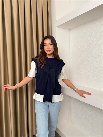 Atkı Görünümlü Triko Süveter Lacivert