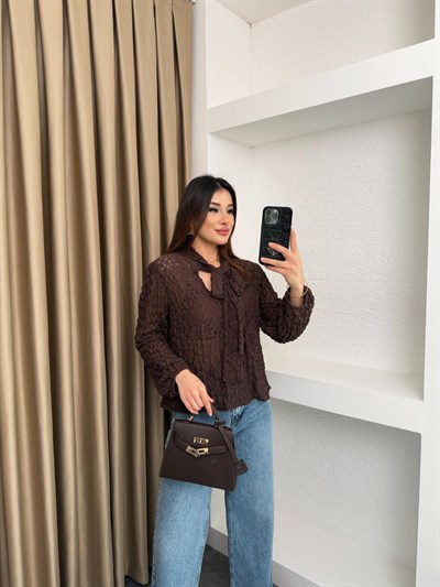 Bağlama Detaylı Dantel Bluz Kahve