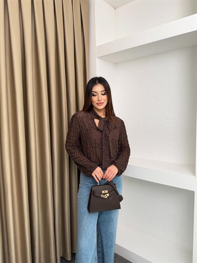 Bağlama Detaylı Dantel Bluz Kahve