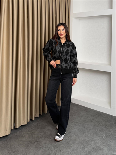 Baklava Desen Çift Fermuar Detaylı Hırka Siyah