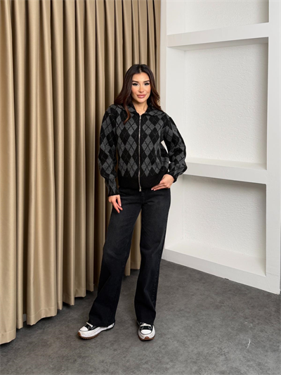 Baklava Desen Çift Fermuar Detaylı Hırka Siyah