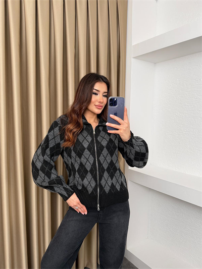 Baklava Desen Çift Fermuar Detaylı Hırka Siyah