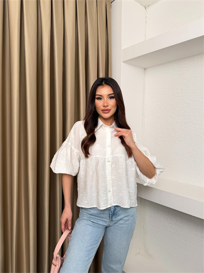 Balon Kol Desenli Gömlek Beyaz