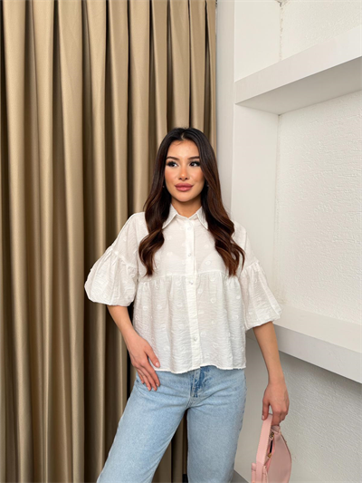 Balon Kol Desenli Gömlek Beyaz