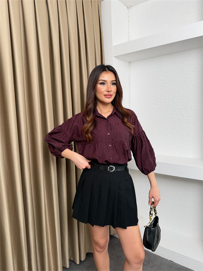 Balon Kol Desenli Gömlek Mürdüm