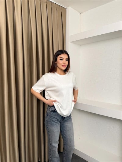 Basic Taşlı Modal Kumaş Tişört Beyaz