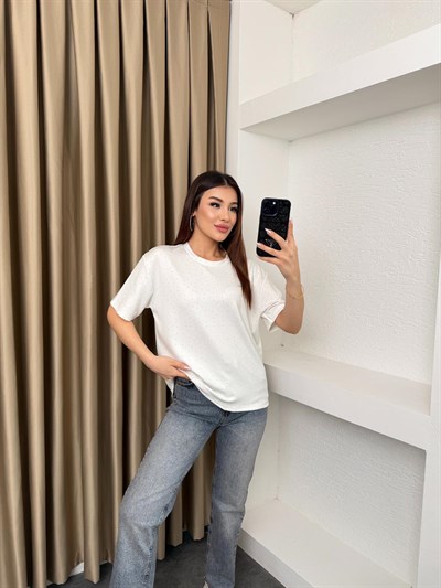 Basic Taşlı Modal Kumaş Tişört Beyaz