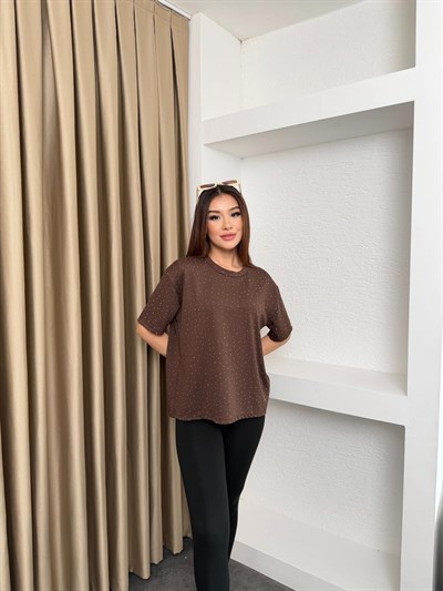 Basic Taşlı Modal Kumaş Tişört Kahve