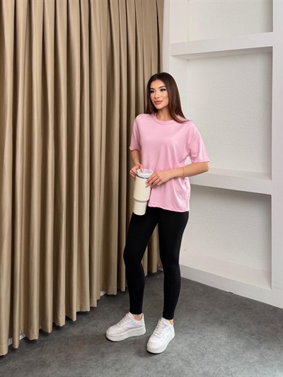 Basic Taşlı Modal Kumaş Tişört Pembe