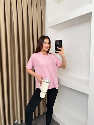 Basic Taşlı Modal Kumaş Tişört Pembe