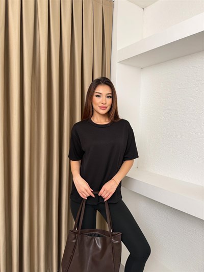 Basic Taşlı Modal Kumaş Tişört Siyah