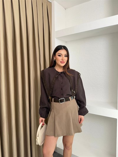 Bebe Yaka Dantel Detay Gömlek Kahve