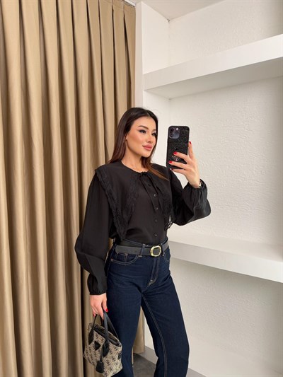 Bebe Yaka Dantel Detay Gömlek Siyah