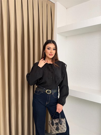 Bebe Yaka Dantel Detay Gömlek Siyah