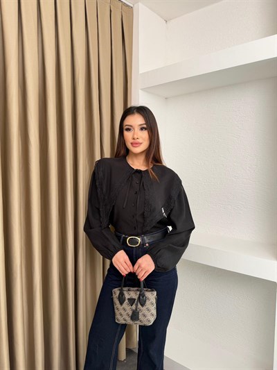 Bebe Yaka Dantel Detay Gömlek Siyah