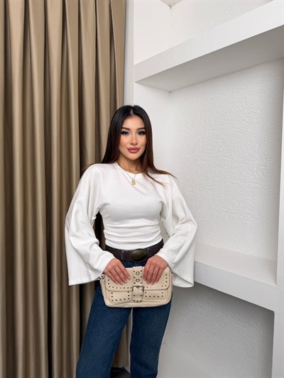 Bel Büzgülü Salaş Kol Bluz Beyaz