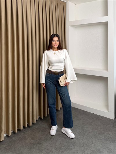 Bel Büzgülü Salaş Kol Bluz Beyaz