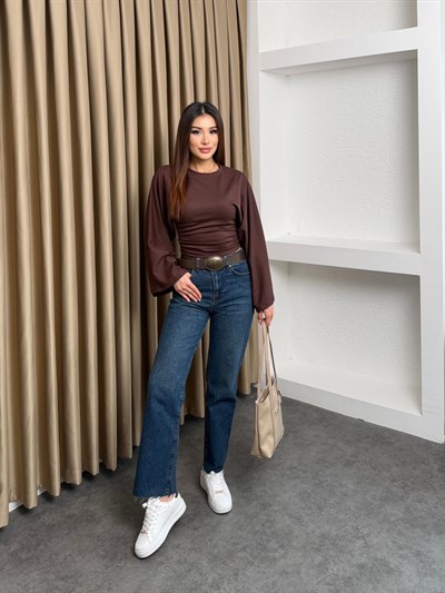 Bel Büzgülü Salaş Kol Bluz Kahve