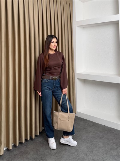 Bel Büzgülü Salaş Kol Bluz Kahve